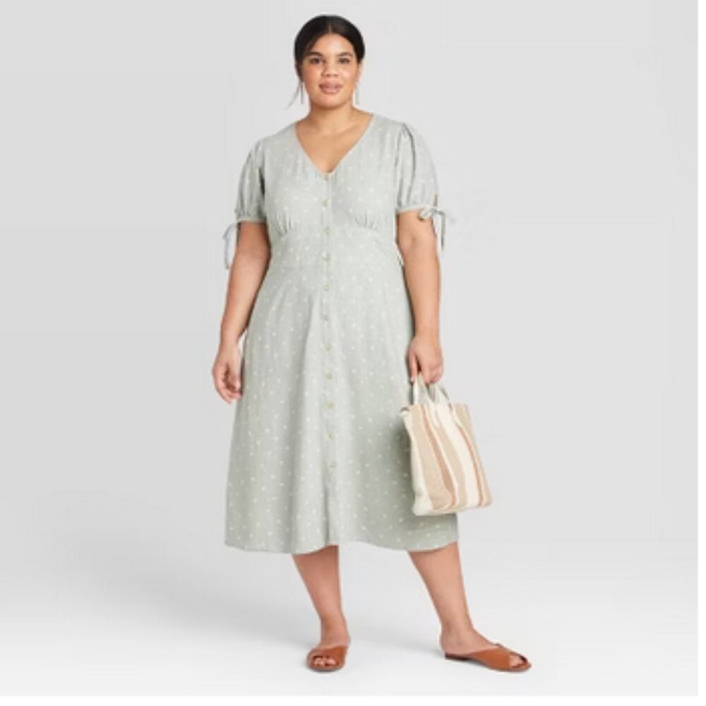 Universal Thread Polka Dot Short Sleeve Button-Front Linen Dress Green 3X